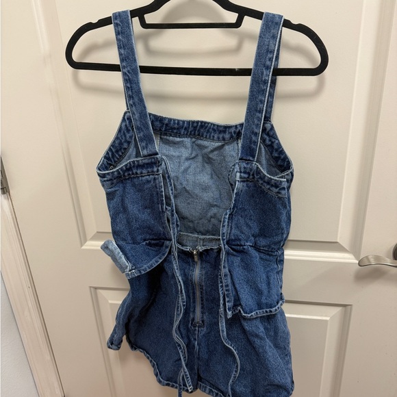 Denim Romper with Ruffle Waist - Blue - Picture 2 of 2